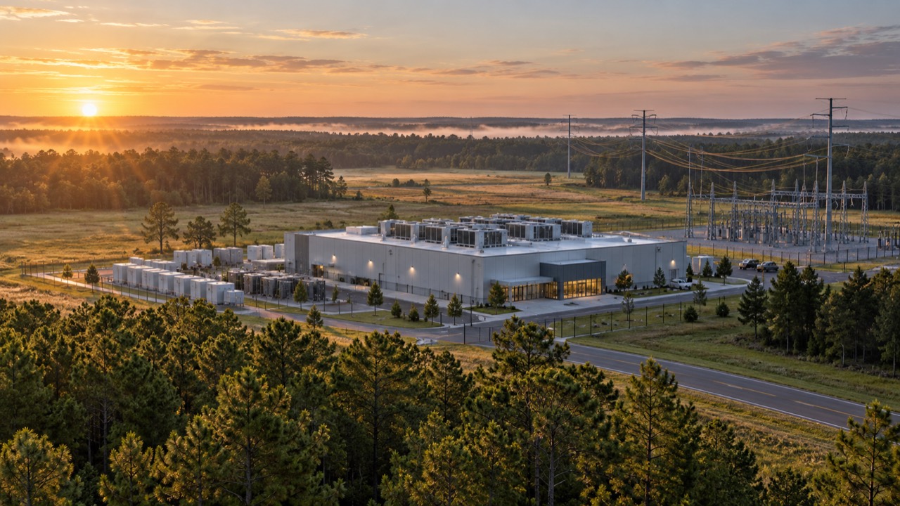 A digital-infrastructure campus with an adjacent substation and transmission lines in a wooded landscape at sunrise.