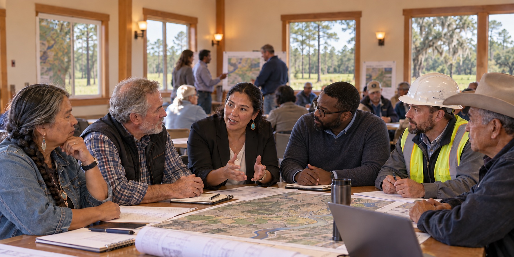 People seated around a table discussing maps and plans in a community meeting room.