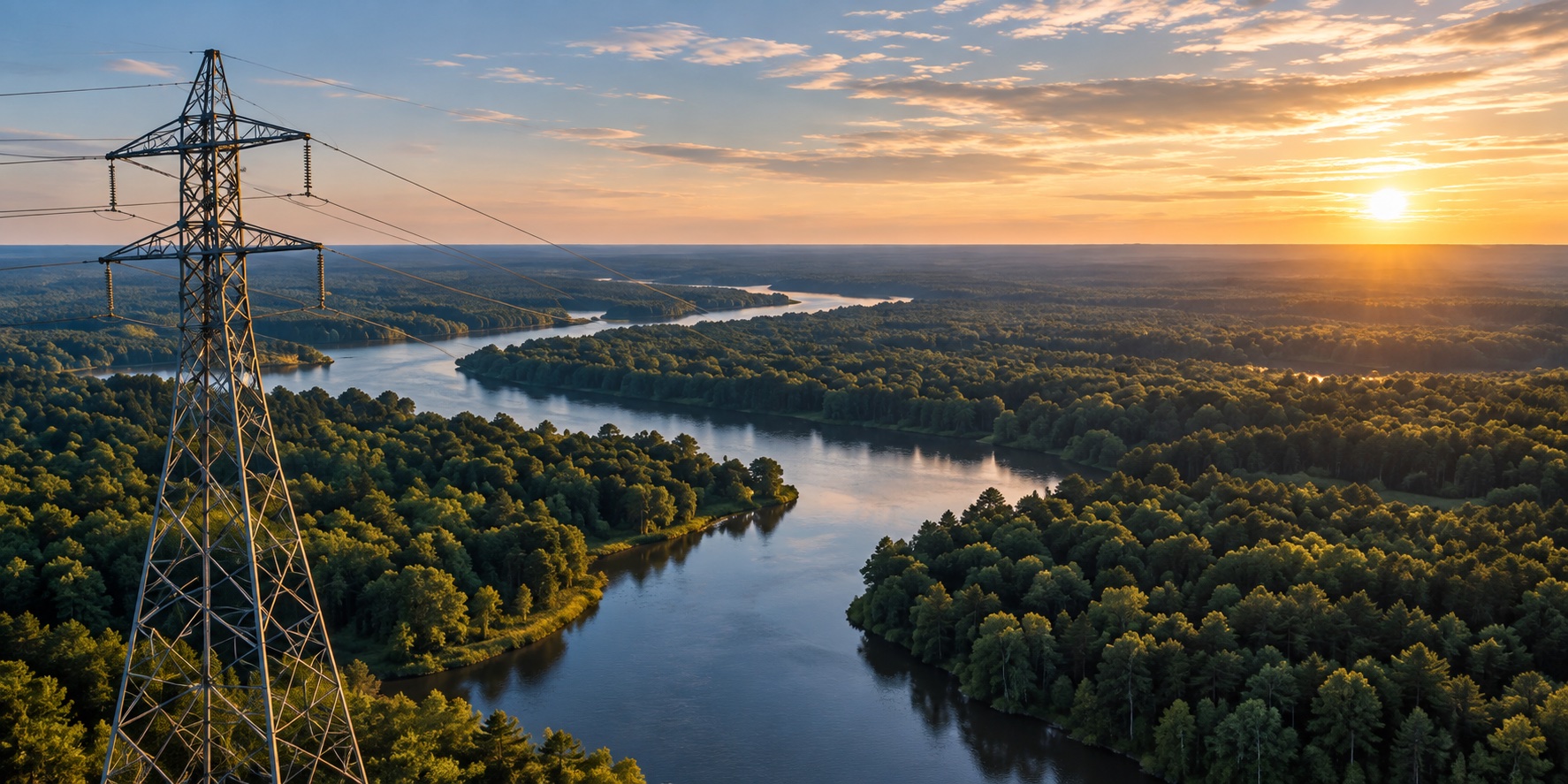 A winding river through a wooded landscape with a transmission pylon at sunset.