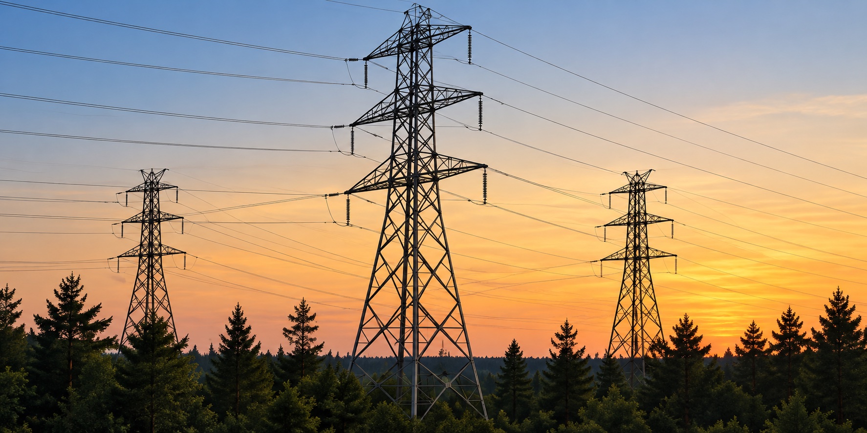 Transmission pylons above a wooded landscape at sunset.