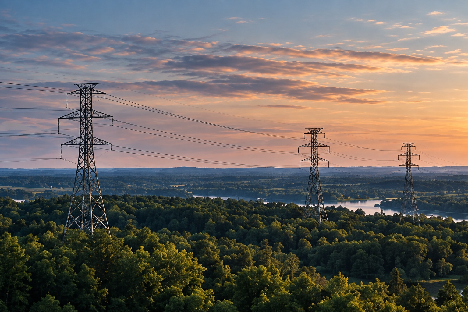 Transmission pylons above a wooded landscape and lake at sunset.